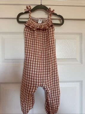 Baby Gingham Tie-Shoulder Romper in Rust and White